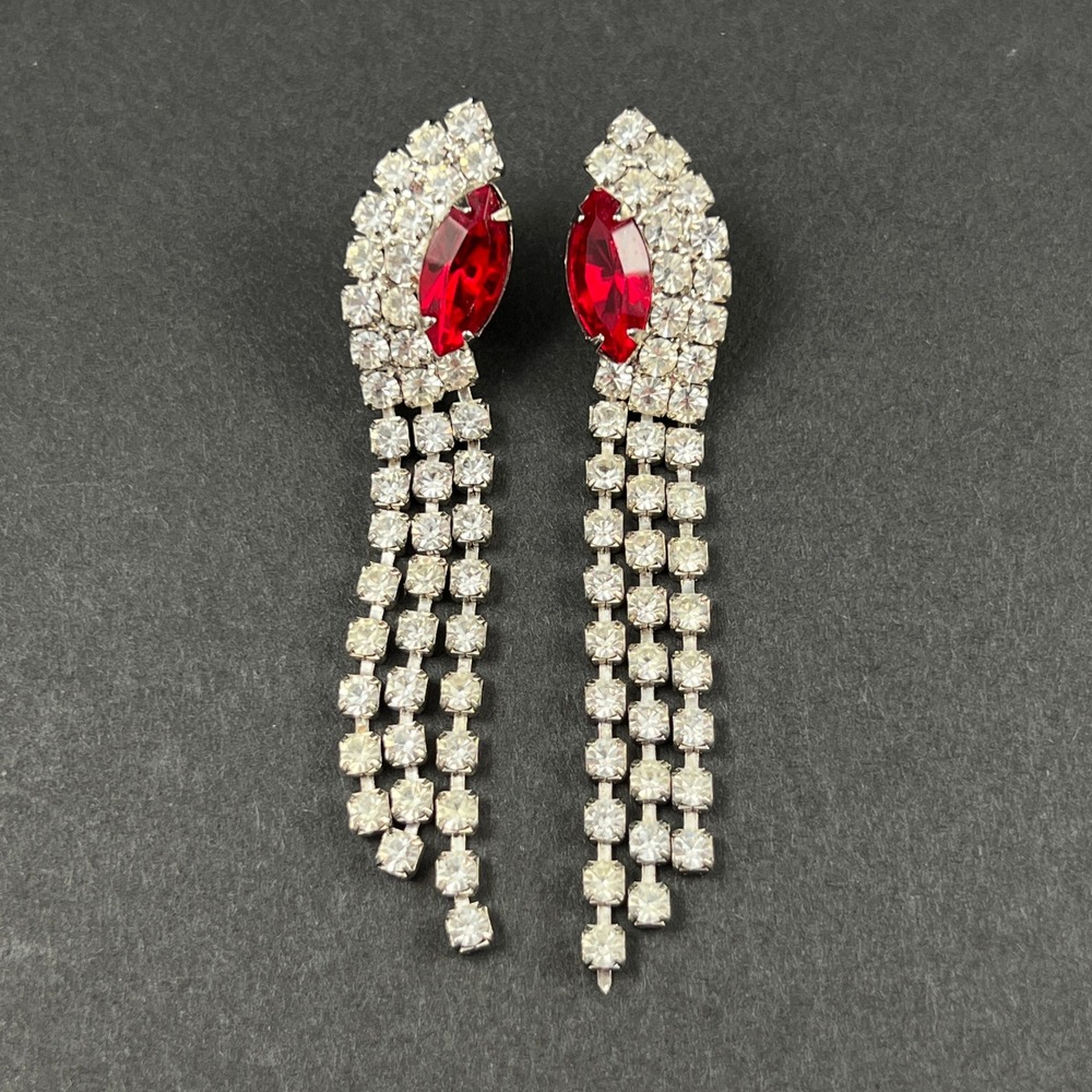 Vintage Rhinestone Earrings Red Silver Tone Fringe Chandelier Formal 2.75" - Picture 6 of 10